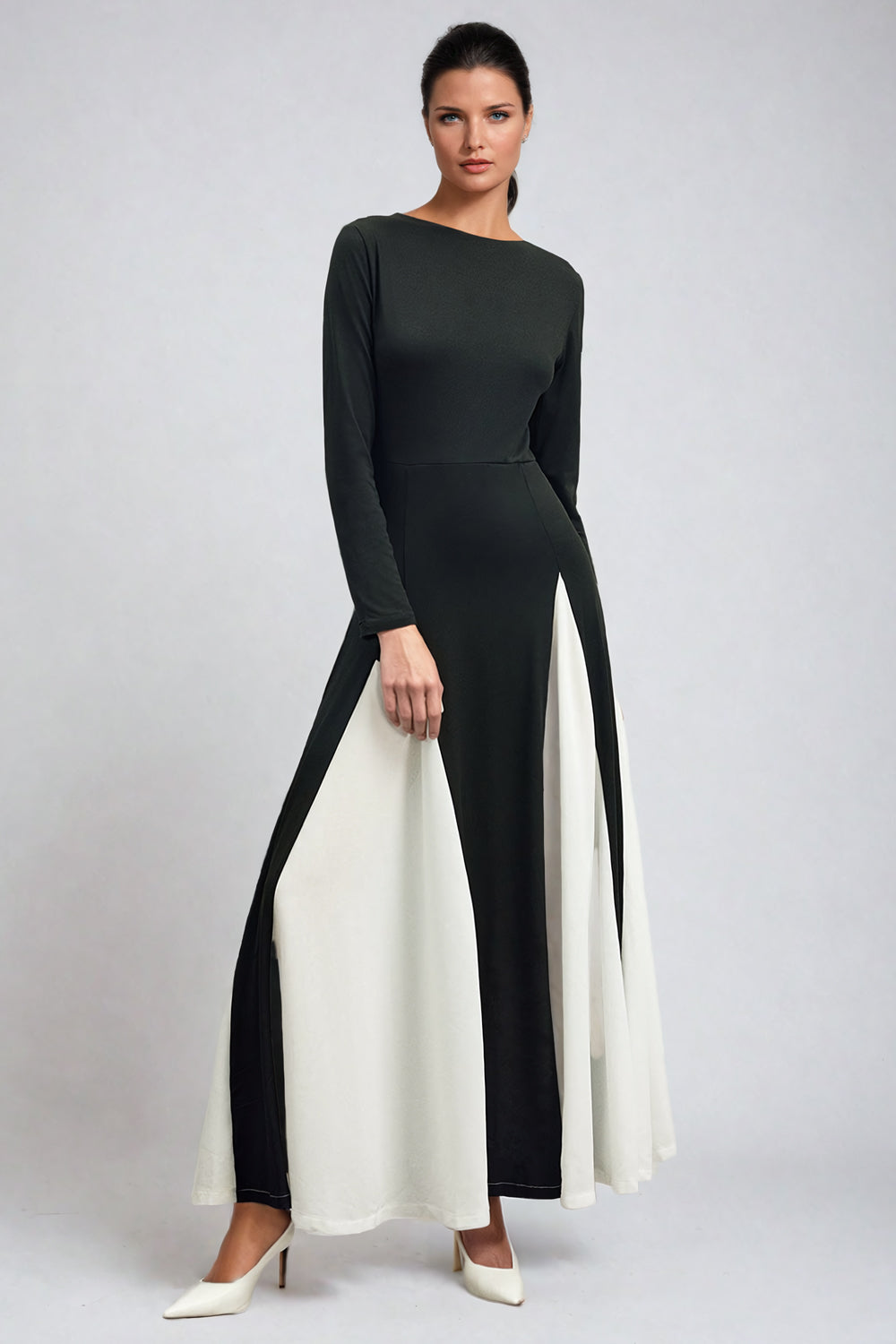 Long Sleeve Maxi Dress with Pleated Skirt - Black