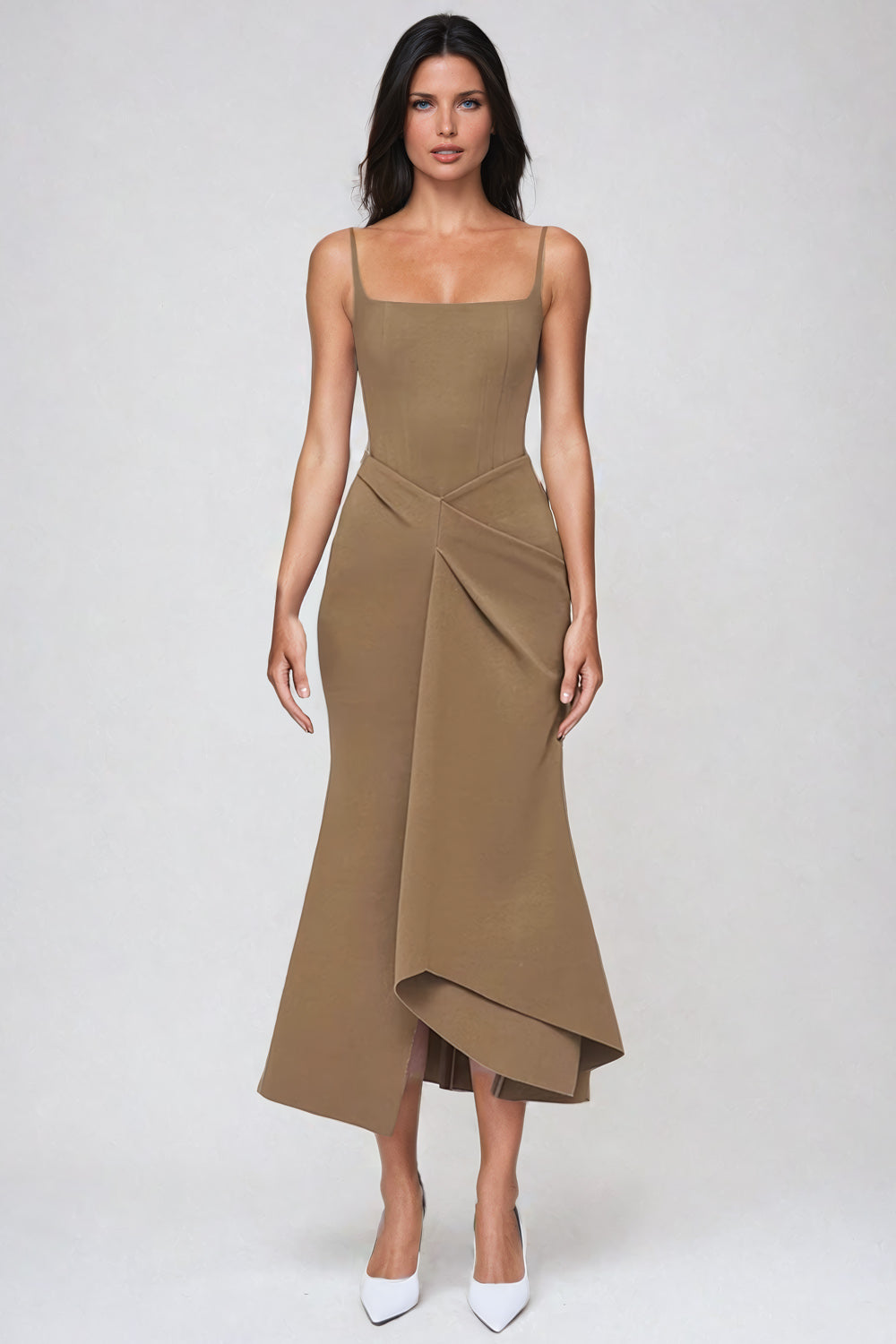 Sleeveless Midi Dress with Square Neckline - Khaki