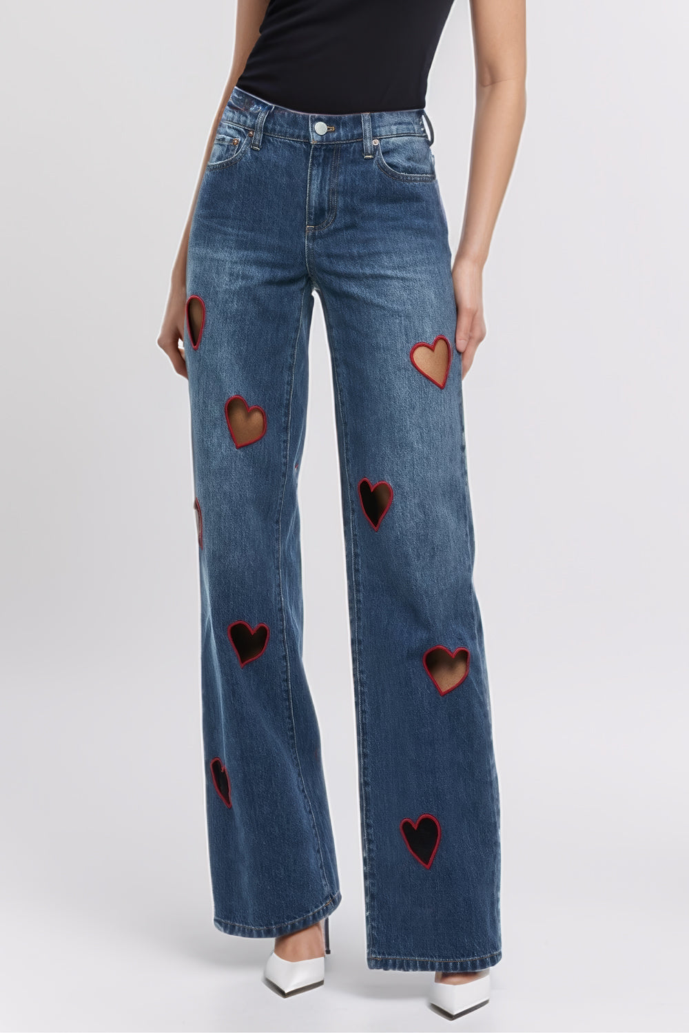 Heart Details Wide-Leg Jeans - Dark Blue