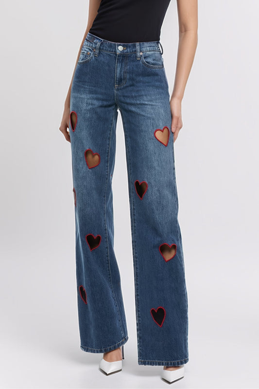 High-Waisted Jeans with Heart Cut-Out Details - Dark Blue