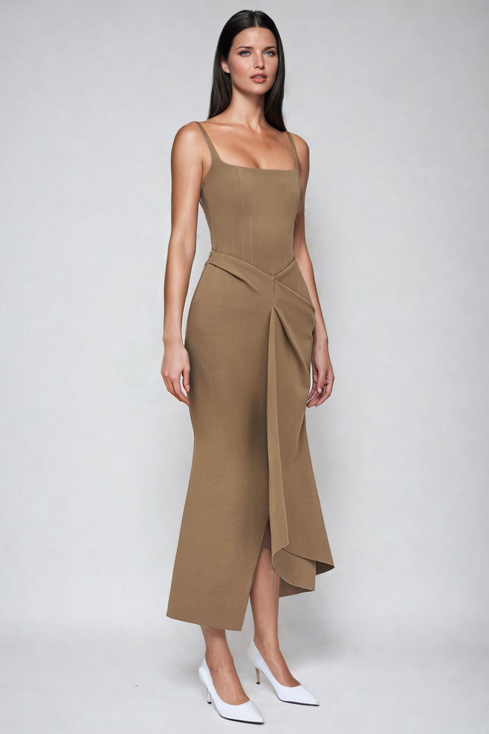 Sleeveless Midi Dress with Square Neckline - Khaki