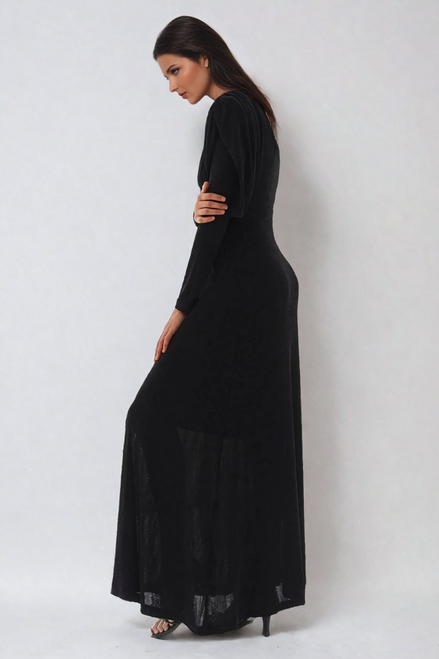 Elegant Long-Sleeve Draped Maxi Dress with Ruched Details - Black