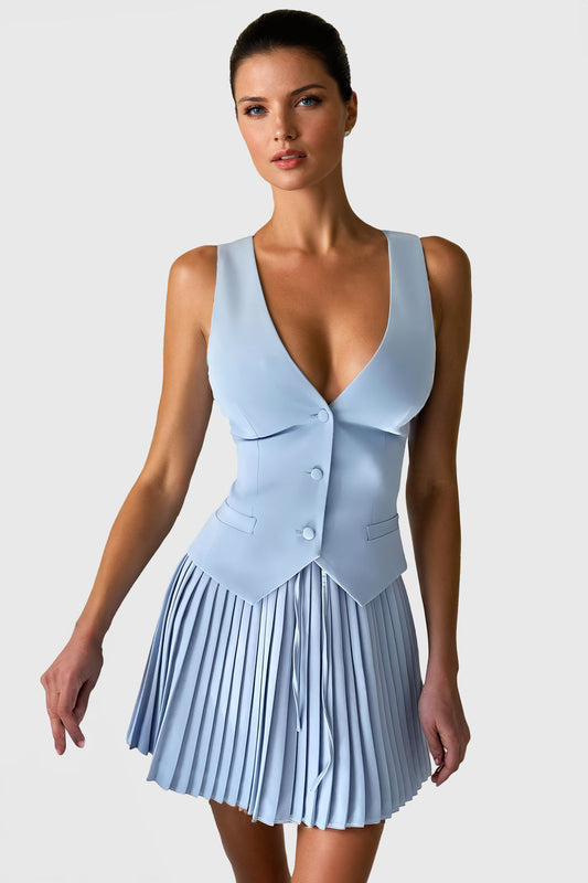 Buttoned Vest and Pleated Skirt Co-Ord Set - Blue