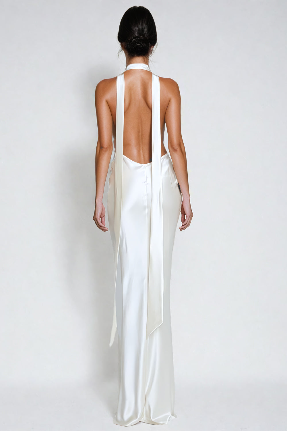 Halter Maxi Dress with Deep V-Neckline - White