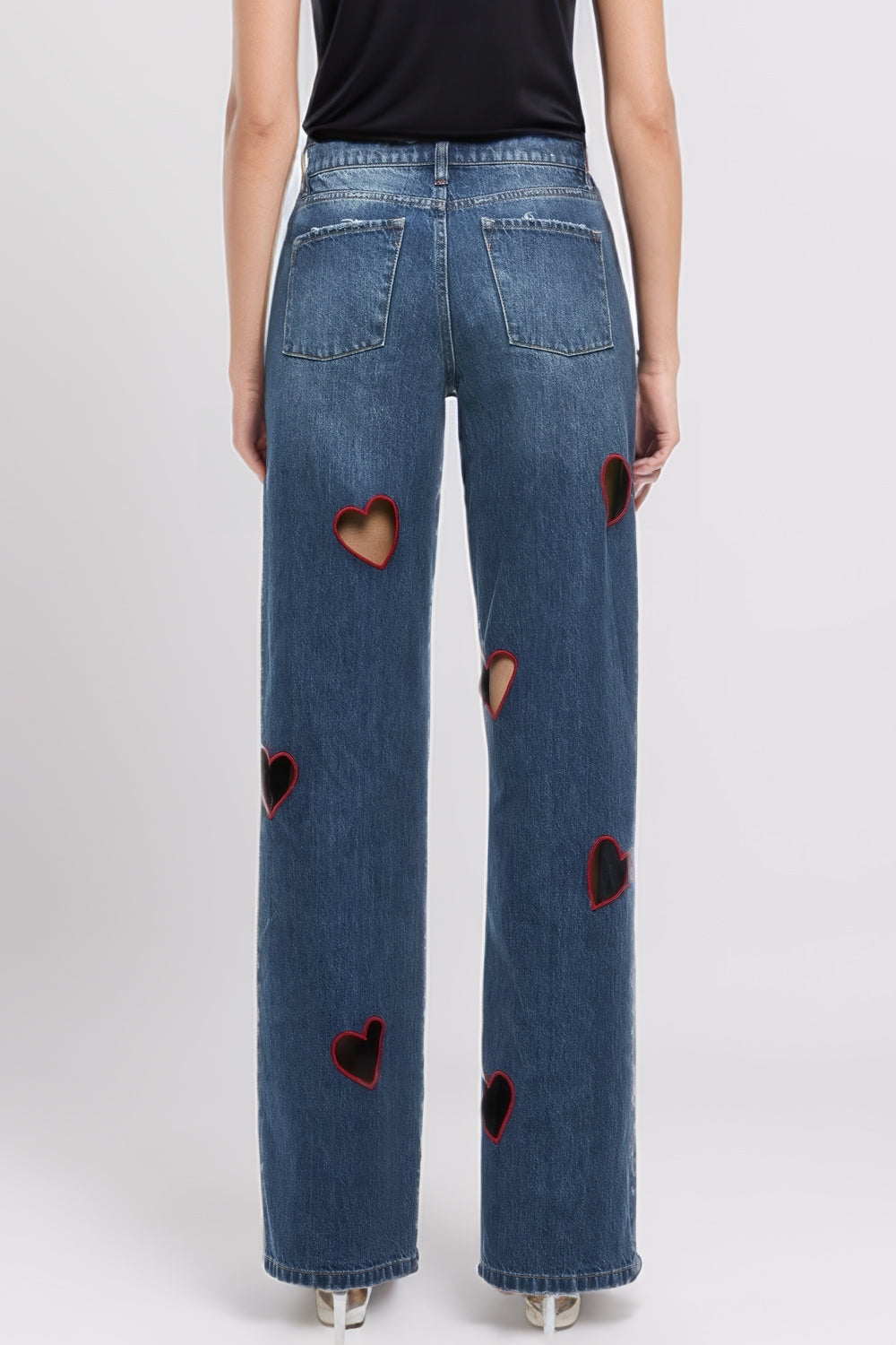 High-Waisted Jeans with Heart Cut-Out Details - Dark Blue