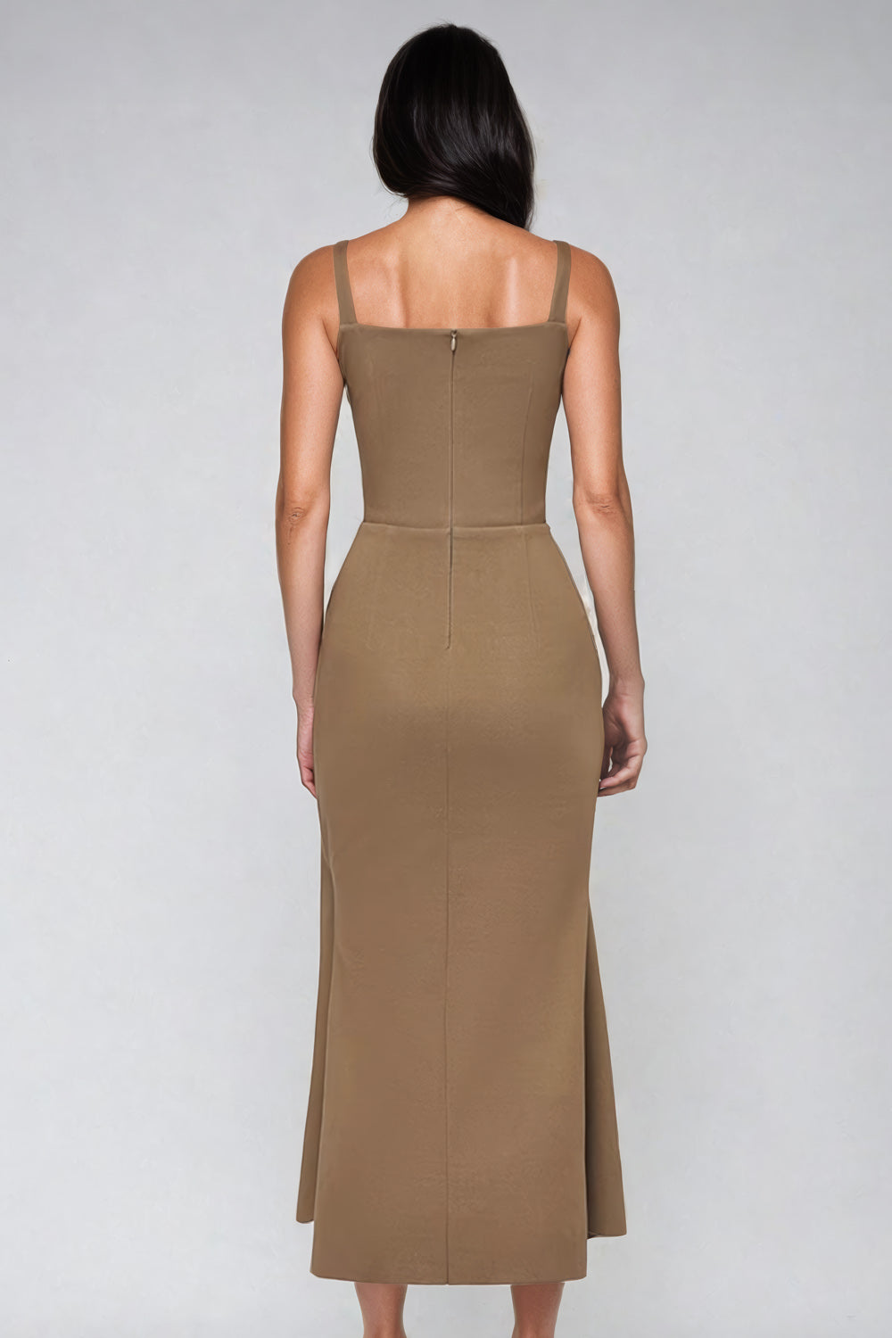 Sleeveless Midi Dress with Square Neckline - Khaki