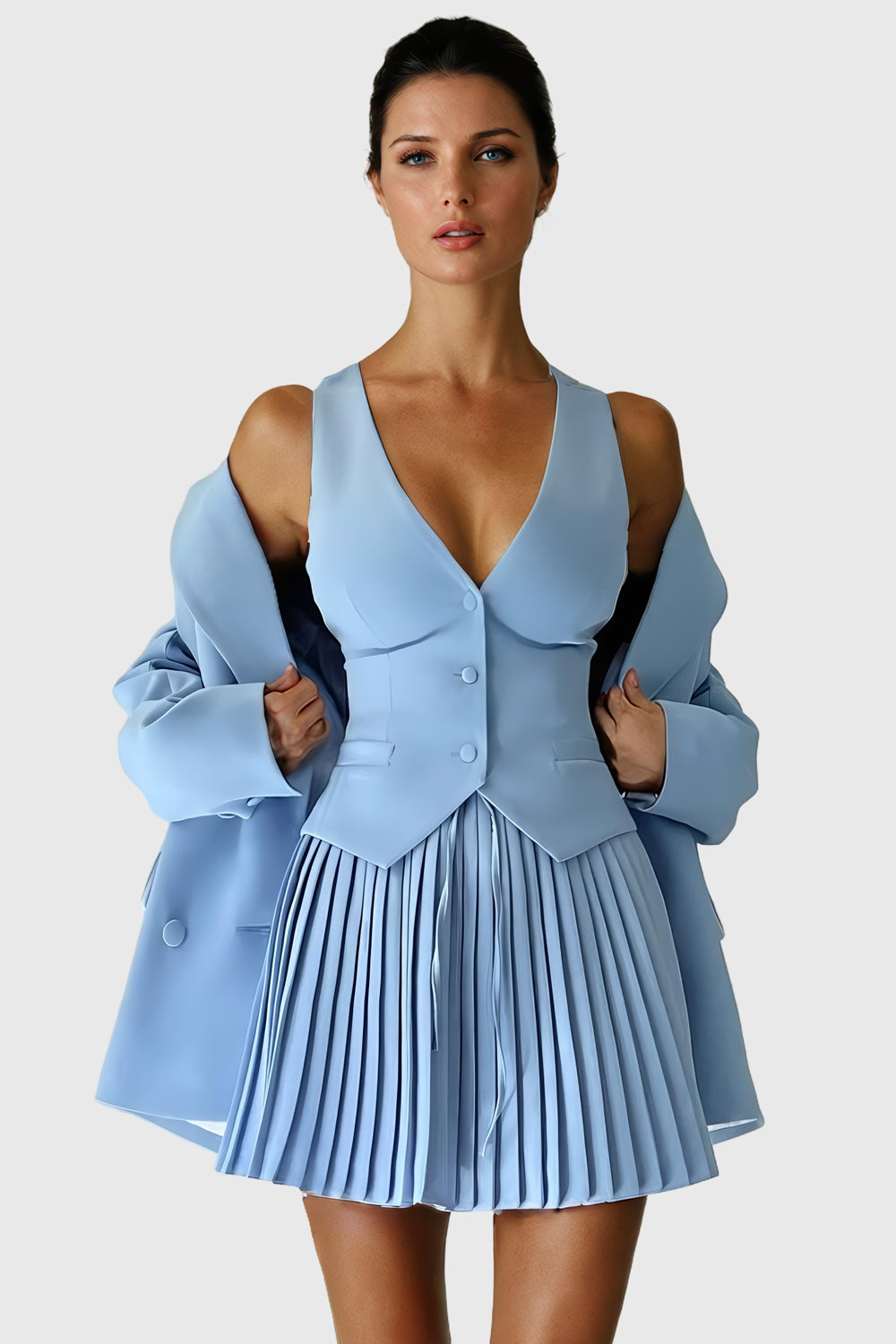 Buttoned Vest and Pleated Skirt Co-Ord Set - Blue