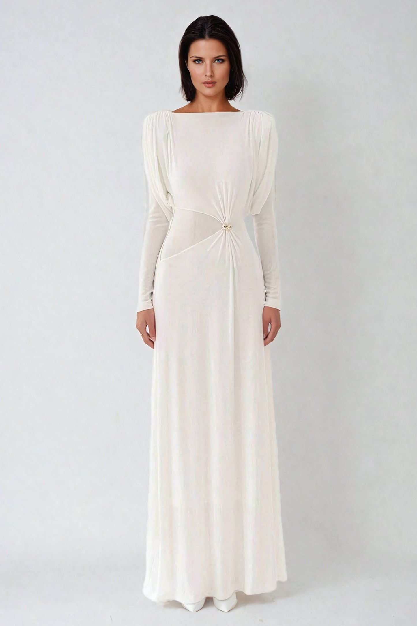 Elegant Long-Sleeve Draped Maxi Dress with Ruched Details - White