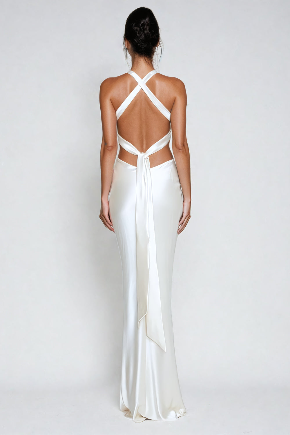 Halter Maxi Dress with Deep V-Neckline - White