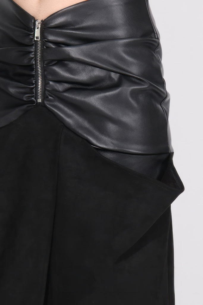 Ruched Midi Skirt with Leather Detail - Black