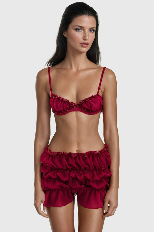 Two-Piece Set with Ruffled Top and Mini Skirt - Red