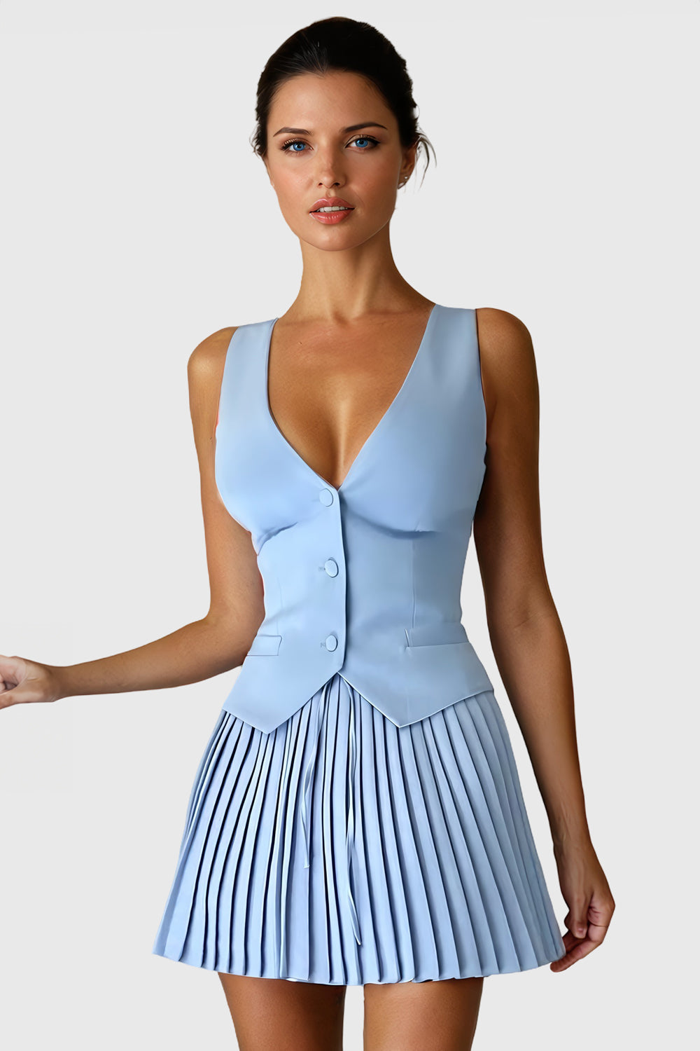 Buttoned Vest and Pleated Skirt Co-Ord Set - Blue