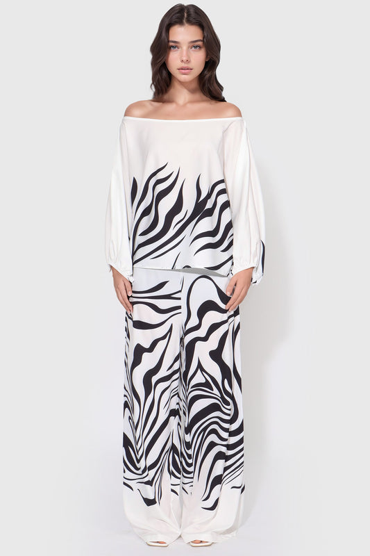 Patterned Two-Piece Set with Flowy Design - White & Black