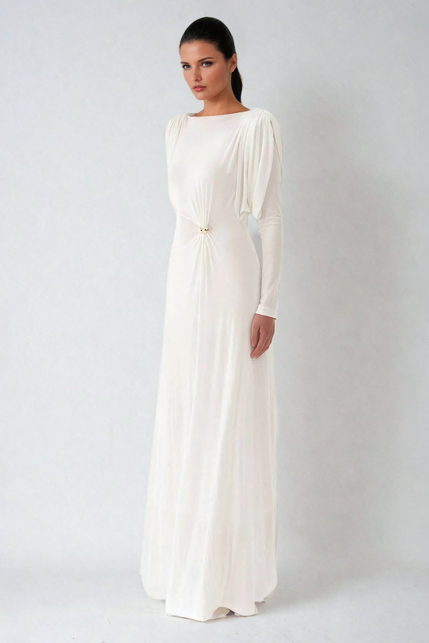 Elegant Long-Sleeve Draped Maxi Dress with Ruched Details - White