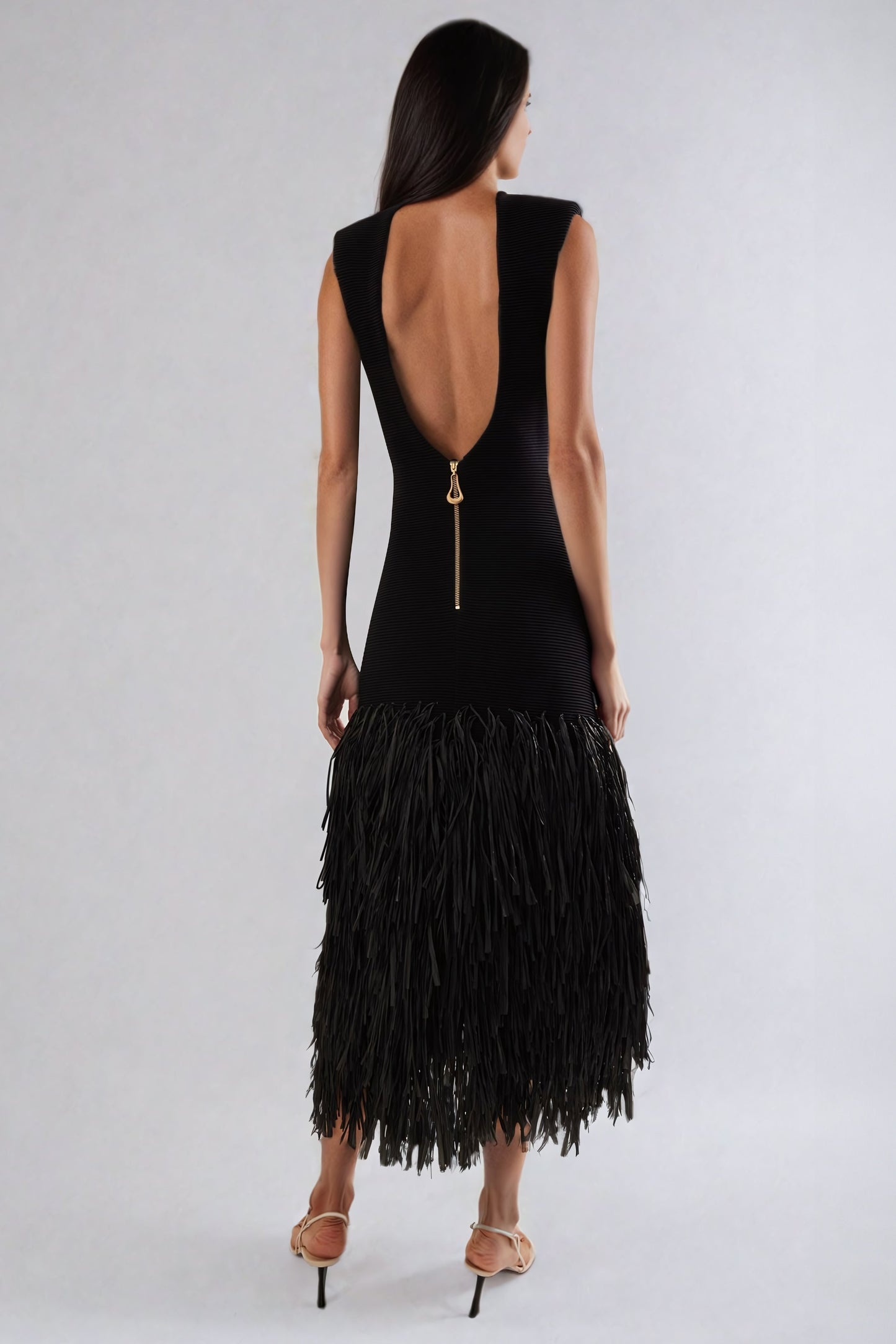 Sleeveless Fringe Hem Midi Dress - Black