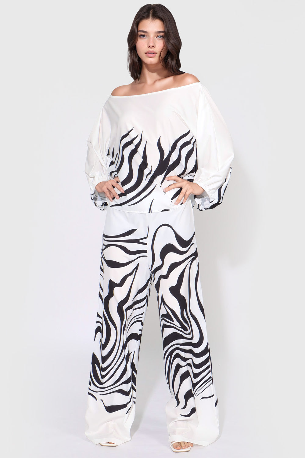 Patterned Two-Piece Set with Flowy Design - White & Black
