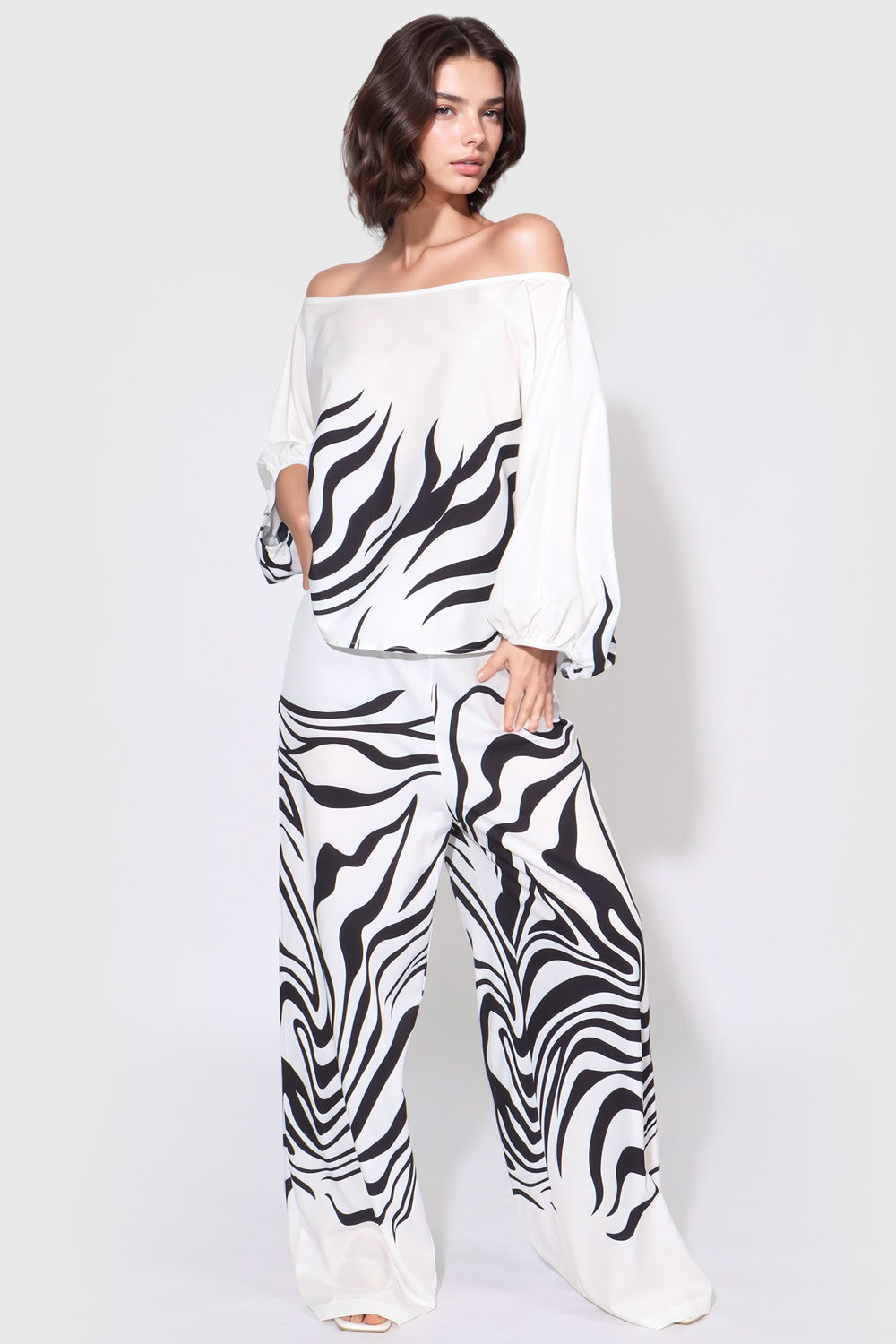 Patterned Two-Piece Set with Flowy Design - White & Black