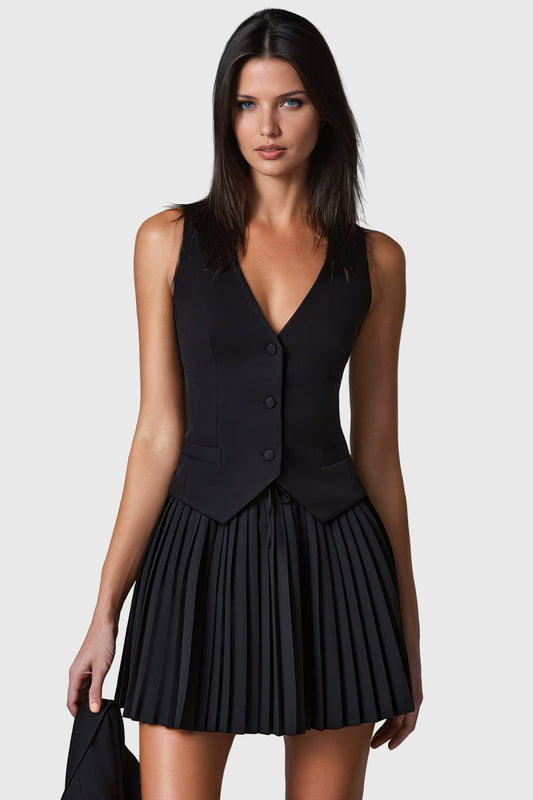 Buttoned Vest and Pleated Skirt Co-Ord Set - Black