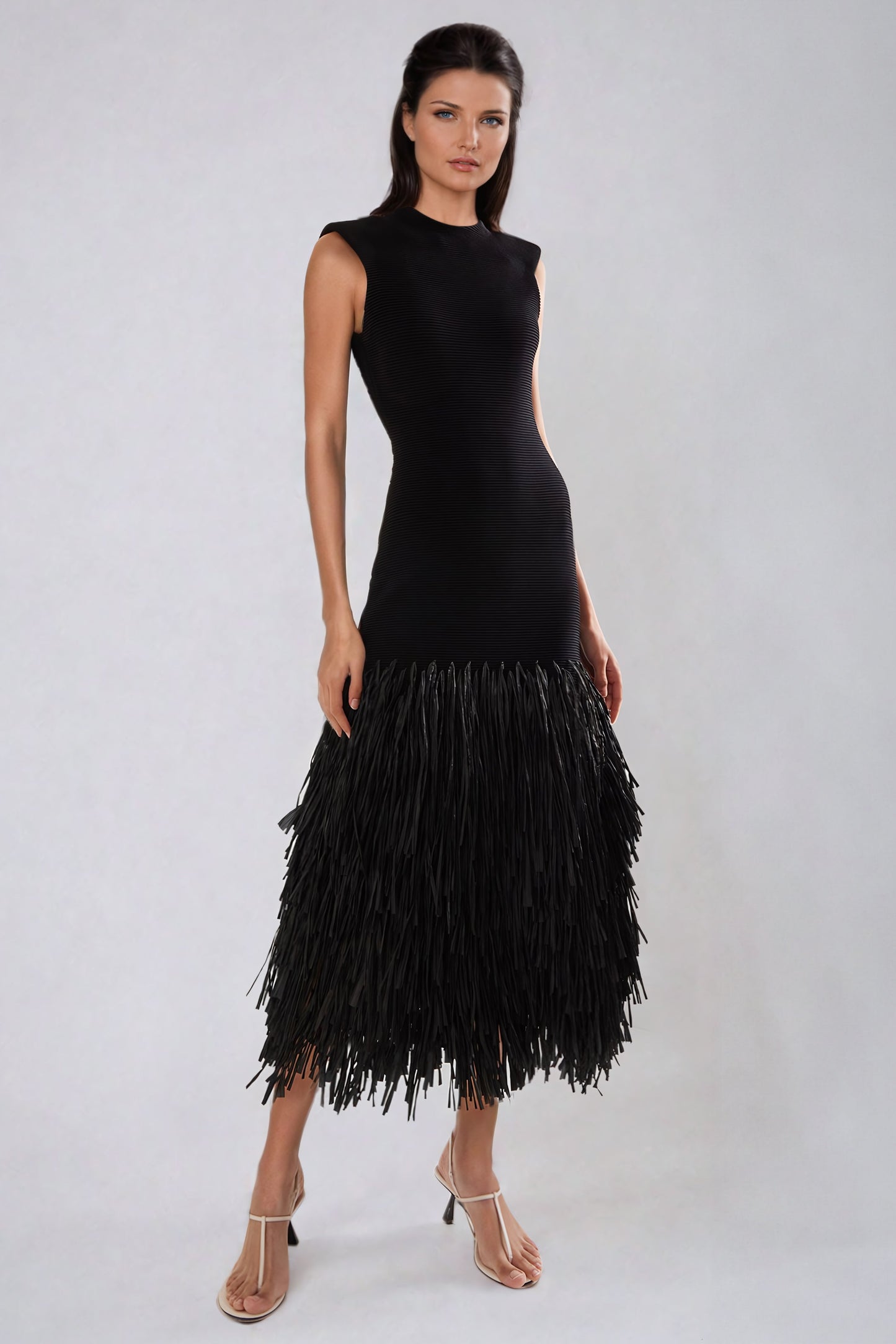 Sleeveless Fringe Hem Midi Dress - Black