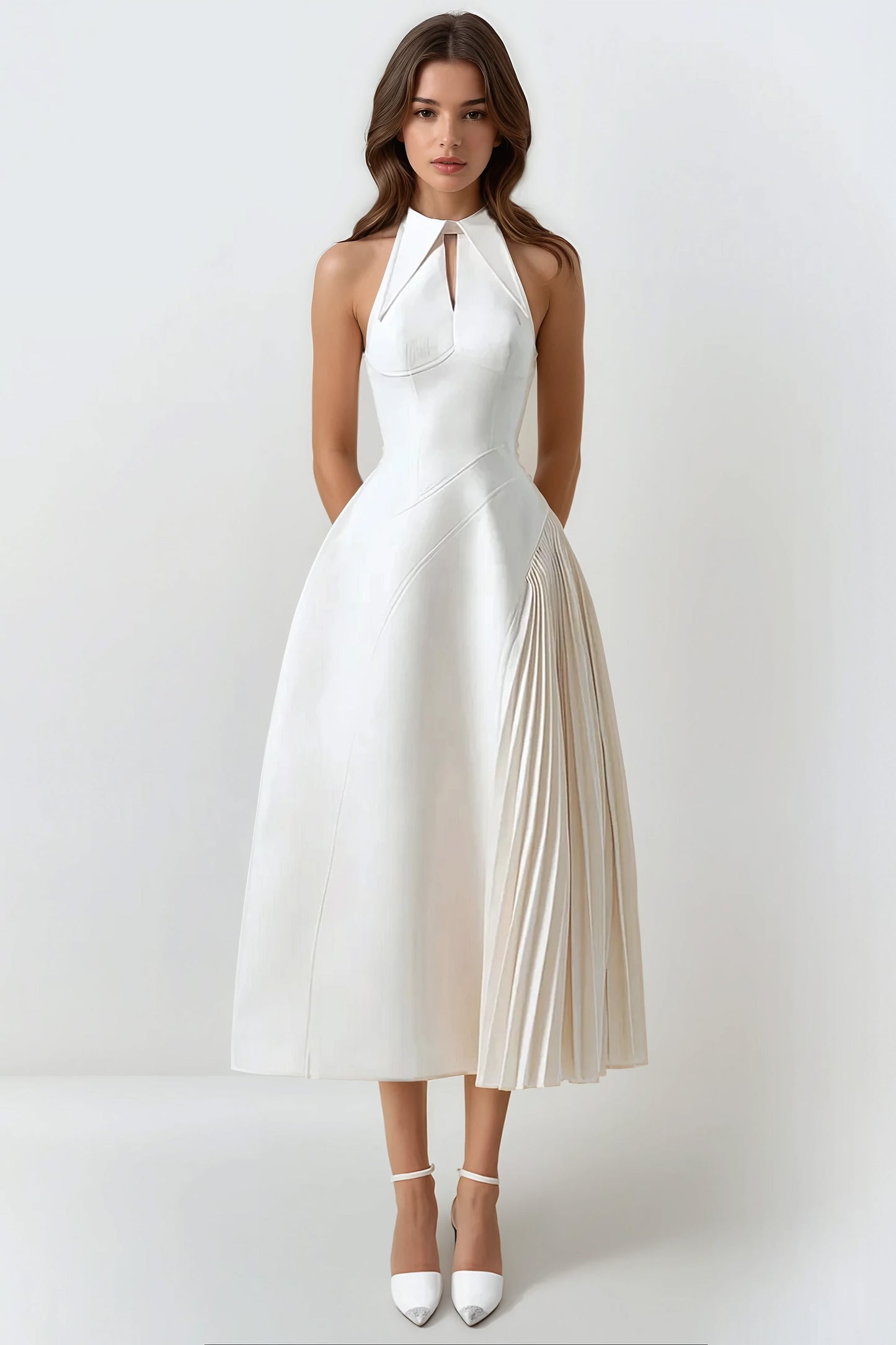 Sculpted Midi Dress with Draped Pleats - Beige