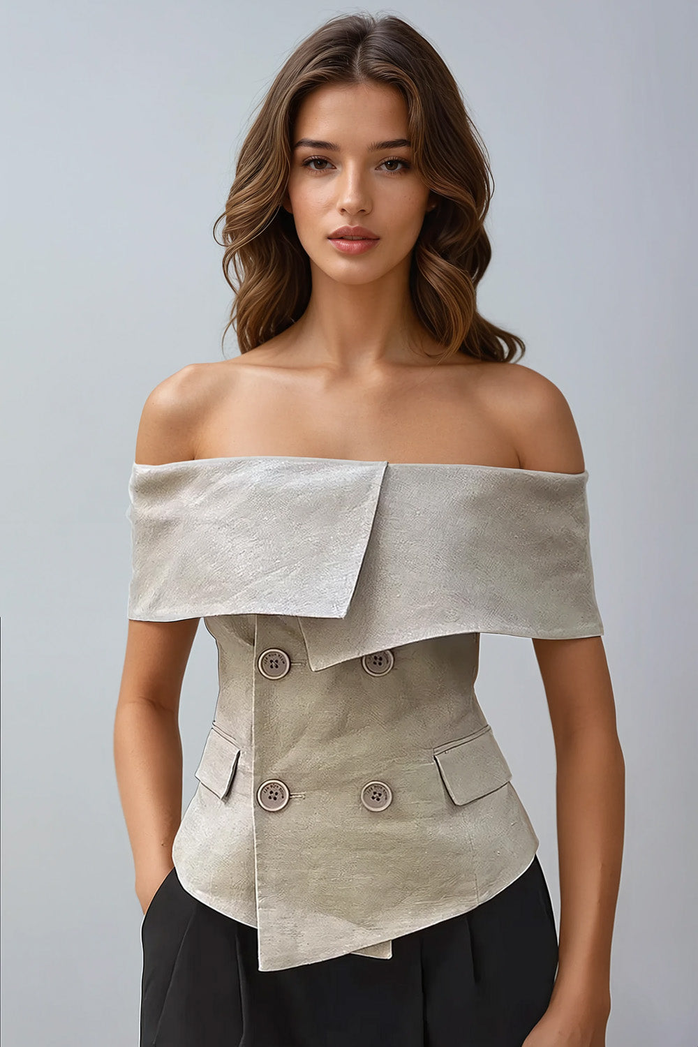 Off-Shoulder Blazer Top with Wide Collar - Beige