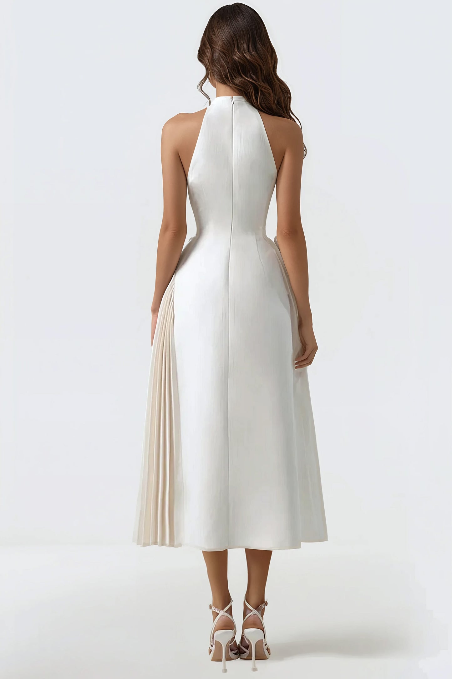 Sculpted Midi Dress with Draped Pleats - Beige