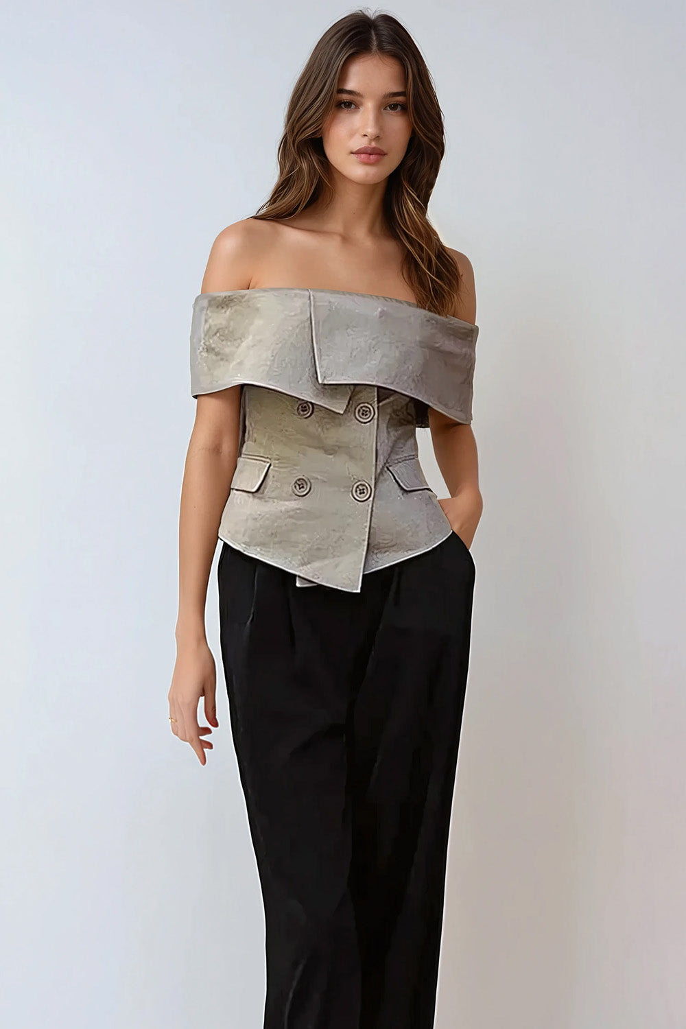 Off-Shoulder Blazer Top with Wide Collar - Beige