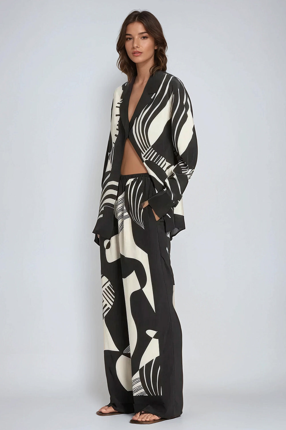 Two-Piece Set with Printed Shirt and Wide-Leg Trousers - Black & White