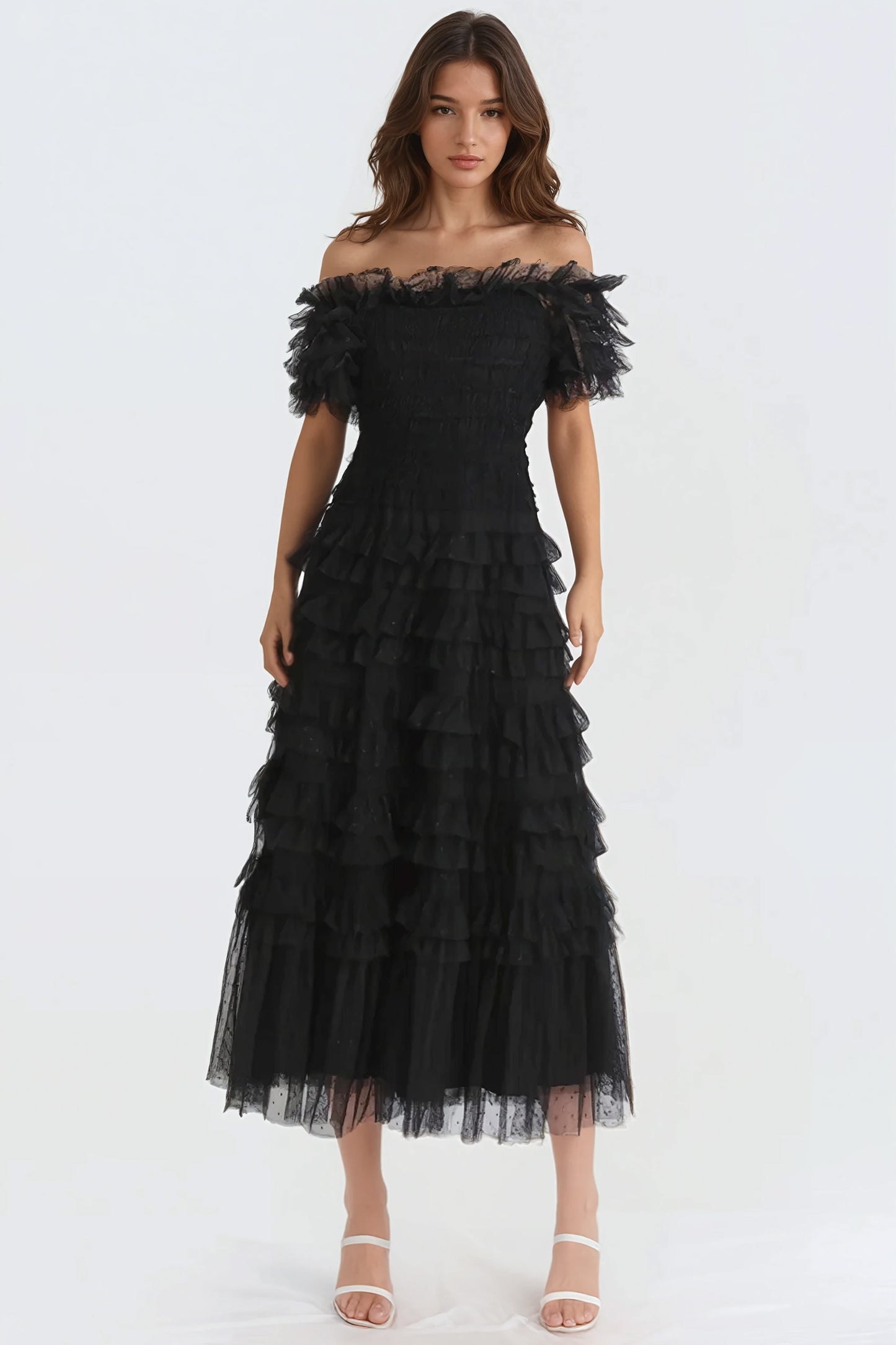 Off-Shoulder Ruffled Midi Dress with Layered Design - Black