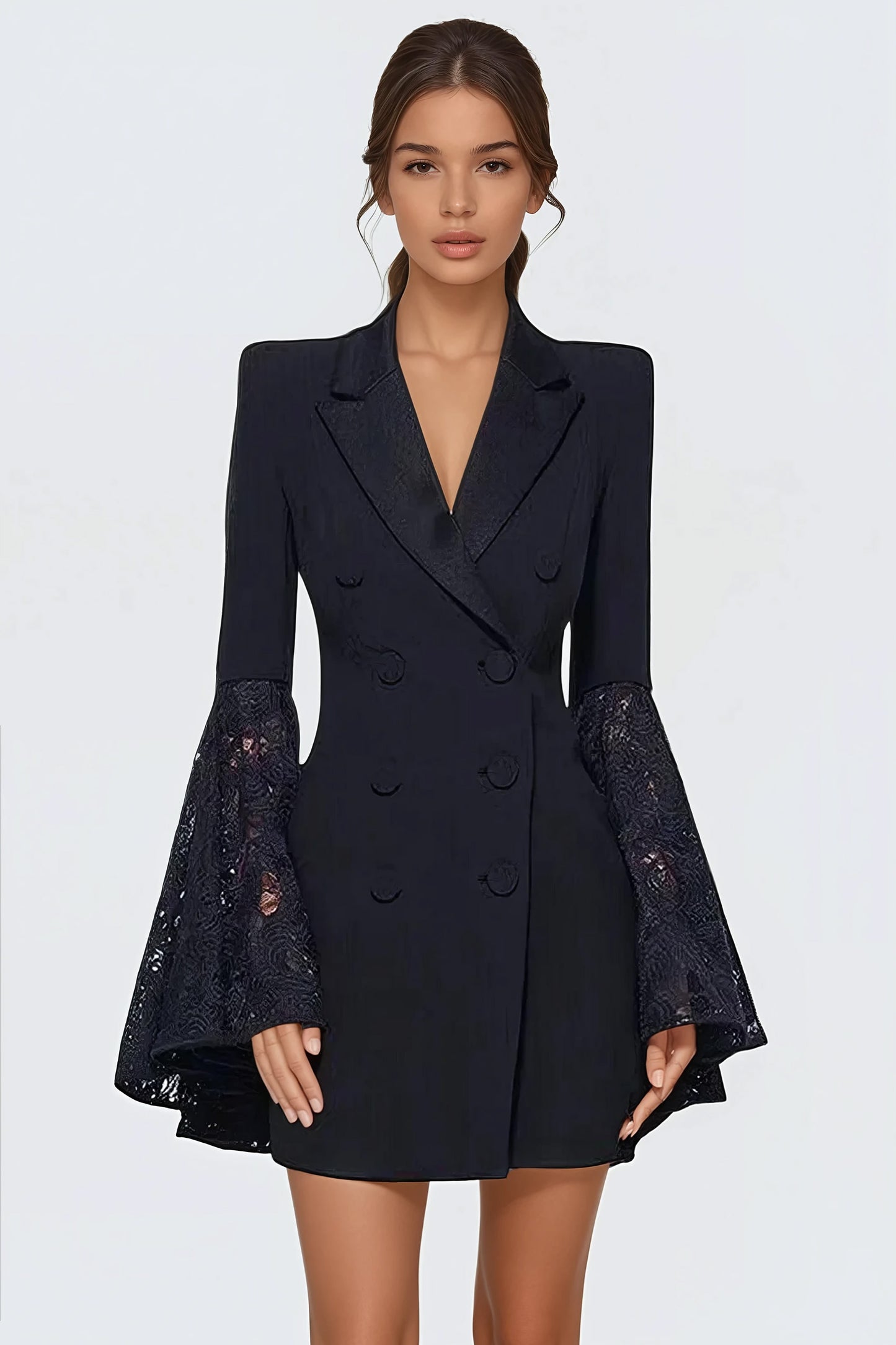 Blazer Dress with Lace Bell Sleeves - Black