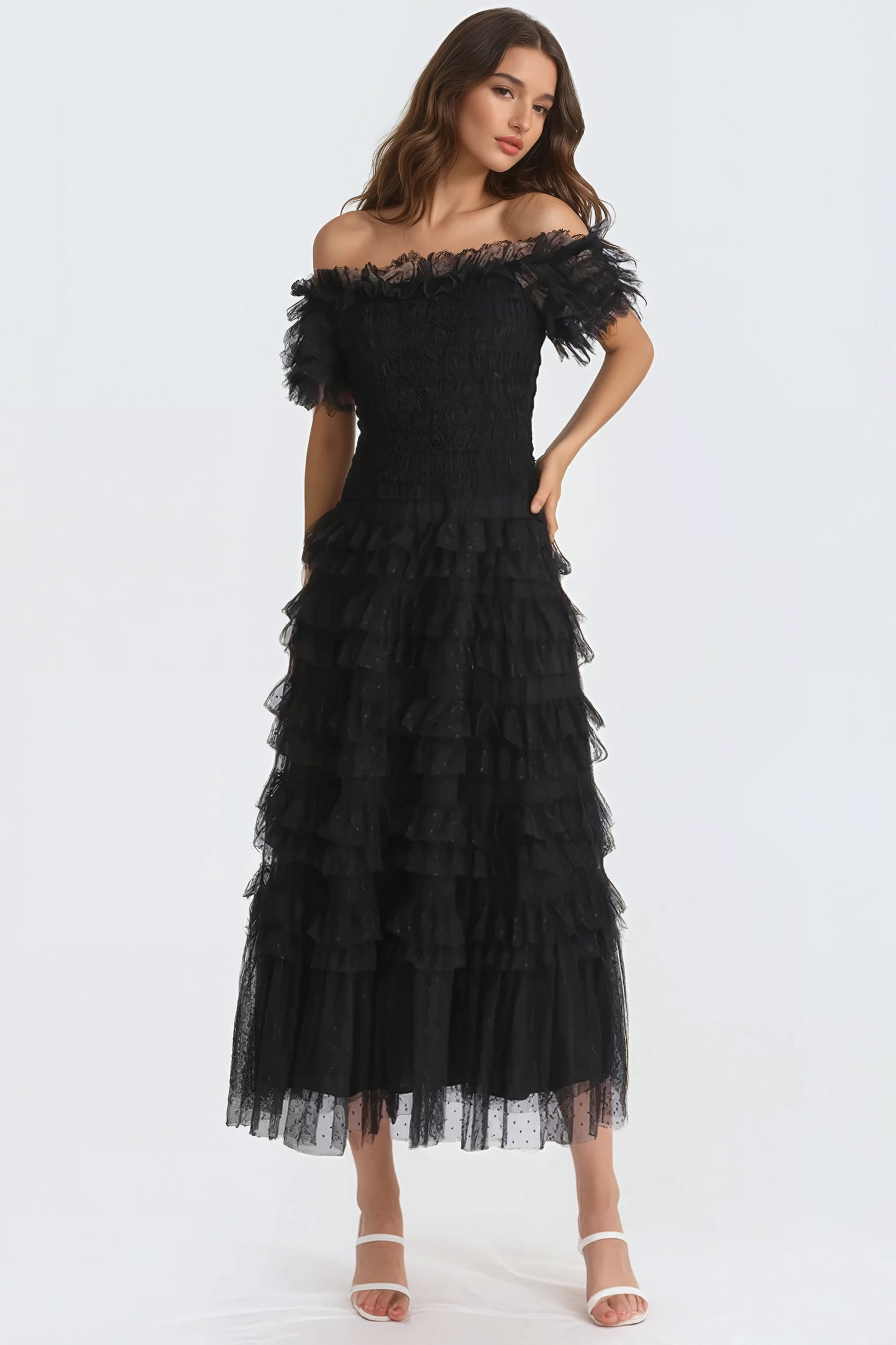 Off-Shoulder Ruffled Midi Dress with Layered Design - Black