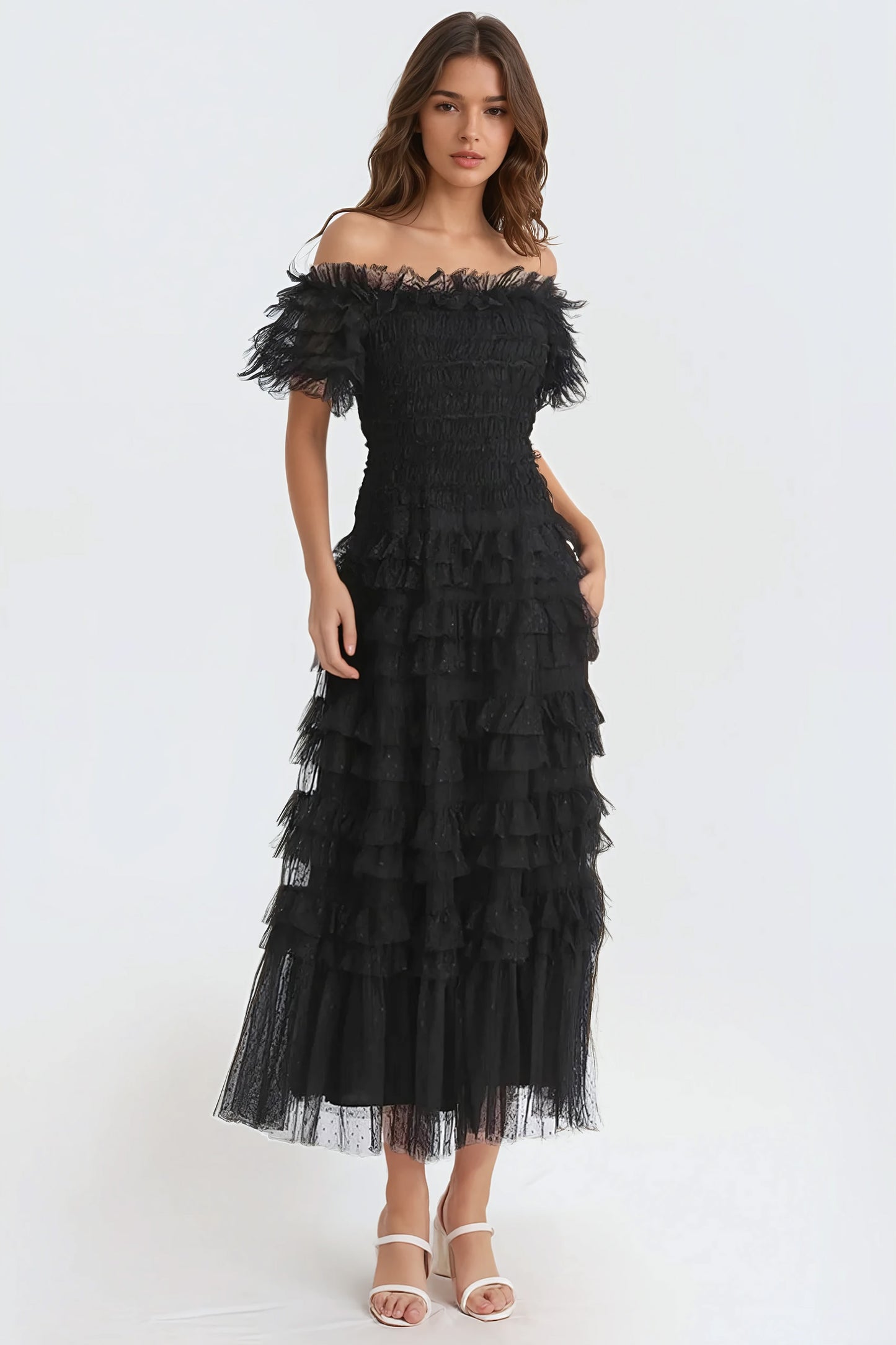 Off-Shoulder Ruffled Midi Dress with Layered Design - Black