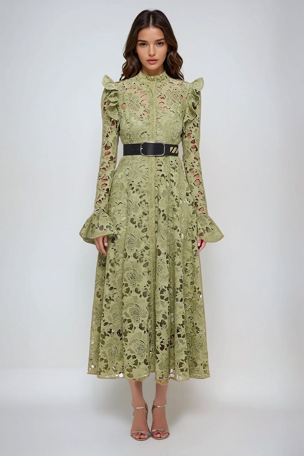 Lace Midi Dress with Button-Down Front and Belted Waist - Green