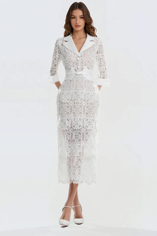 Lace Midi Dress with Fringe Highlights - White