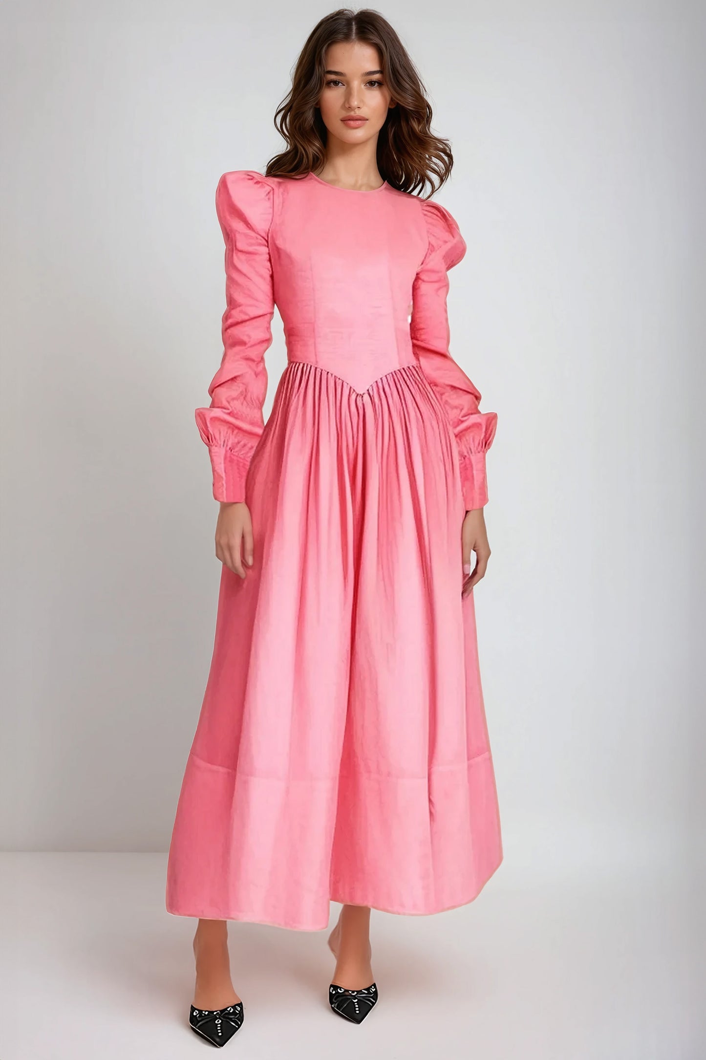 Puff Sleeves Midi Dress with Fitted Waist - Pink