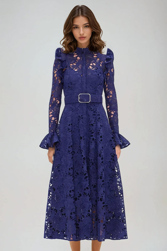 Lace Midi Dress with Button-Down Front and Belted Waist - Blue