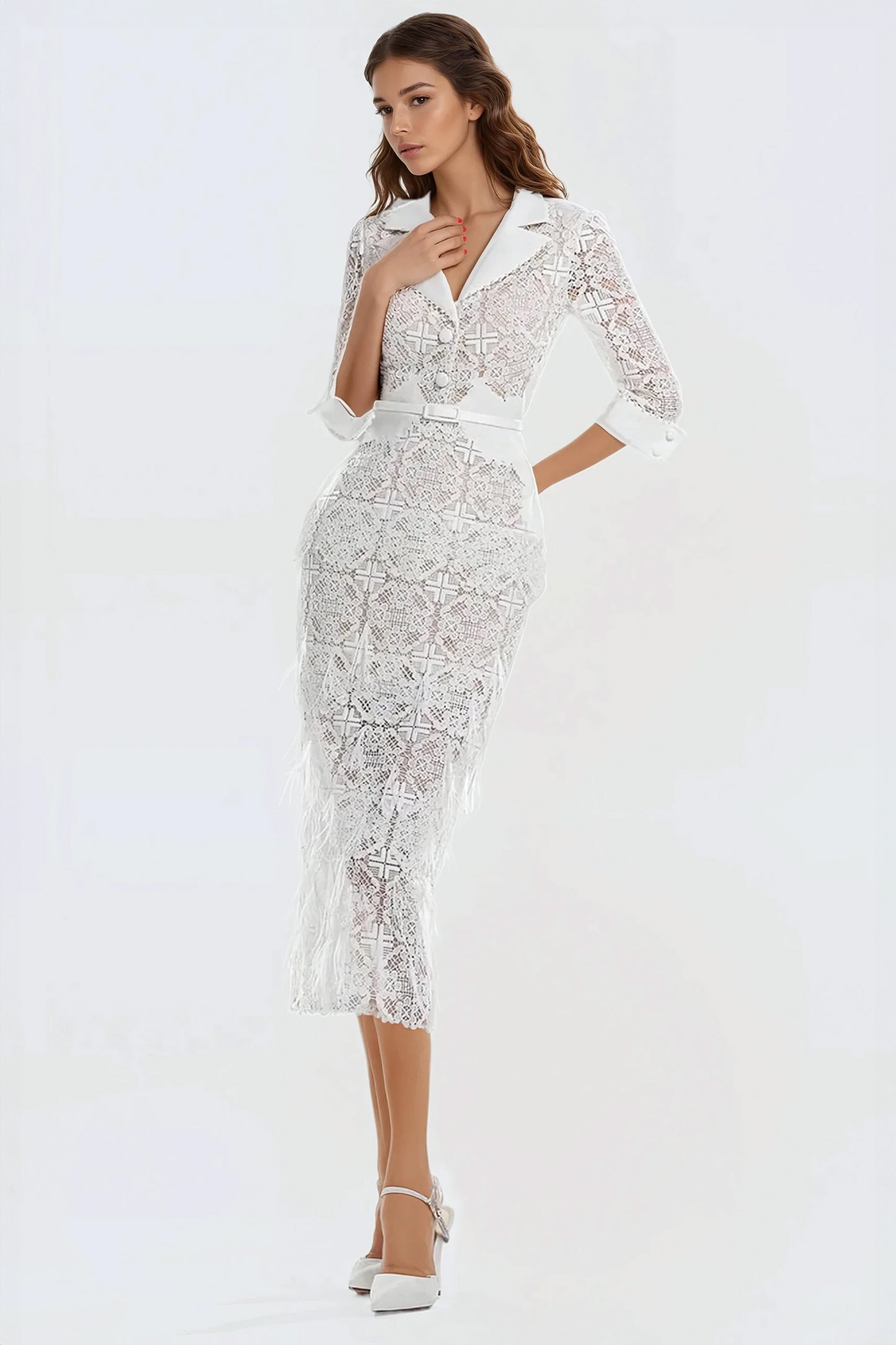 Lace Midi Dress with Fringe Highlights - White