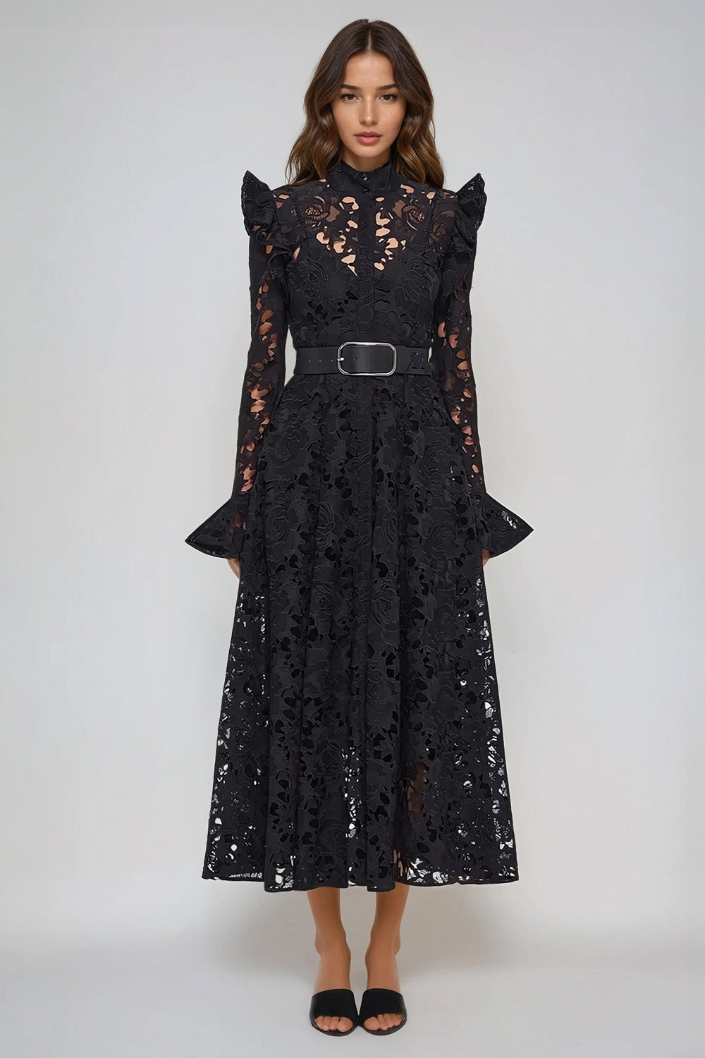 Lace Midi Dress with Button-Down Front and Belted Waist - Black