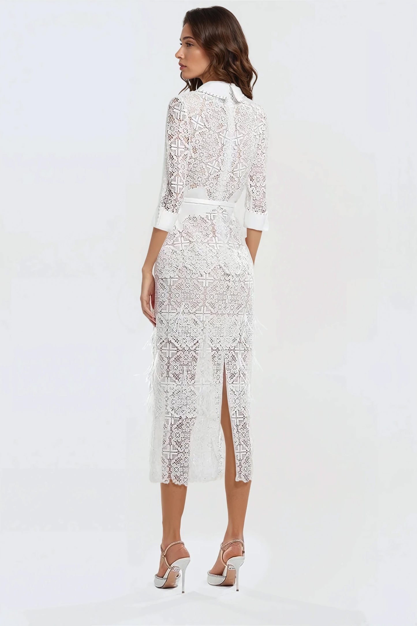 Lace Midi Dress with Fringe Highlights - White