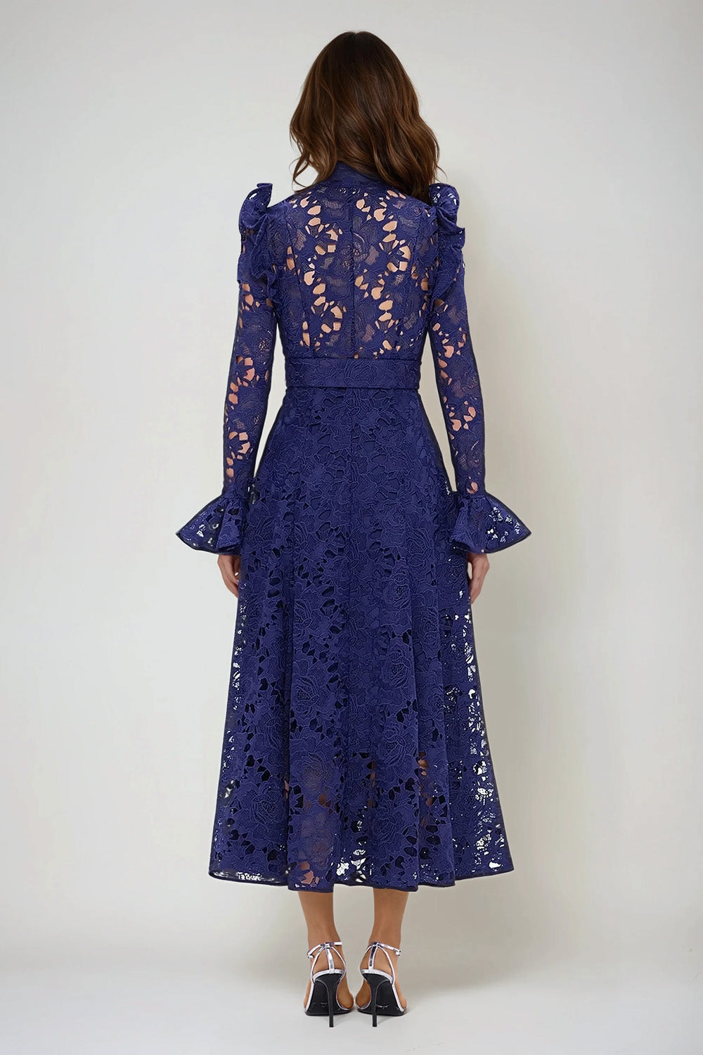 Lace Midi Dress with Button-Down Front and Belted Waist - Blue