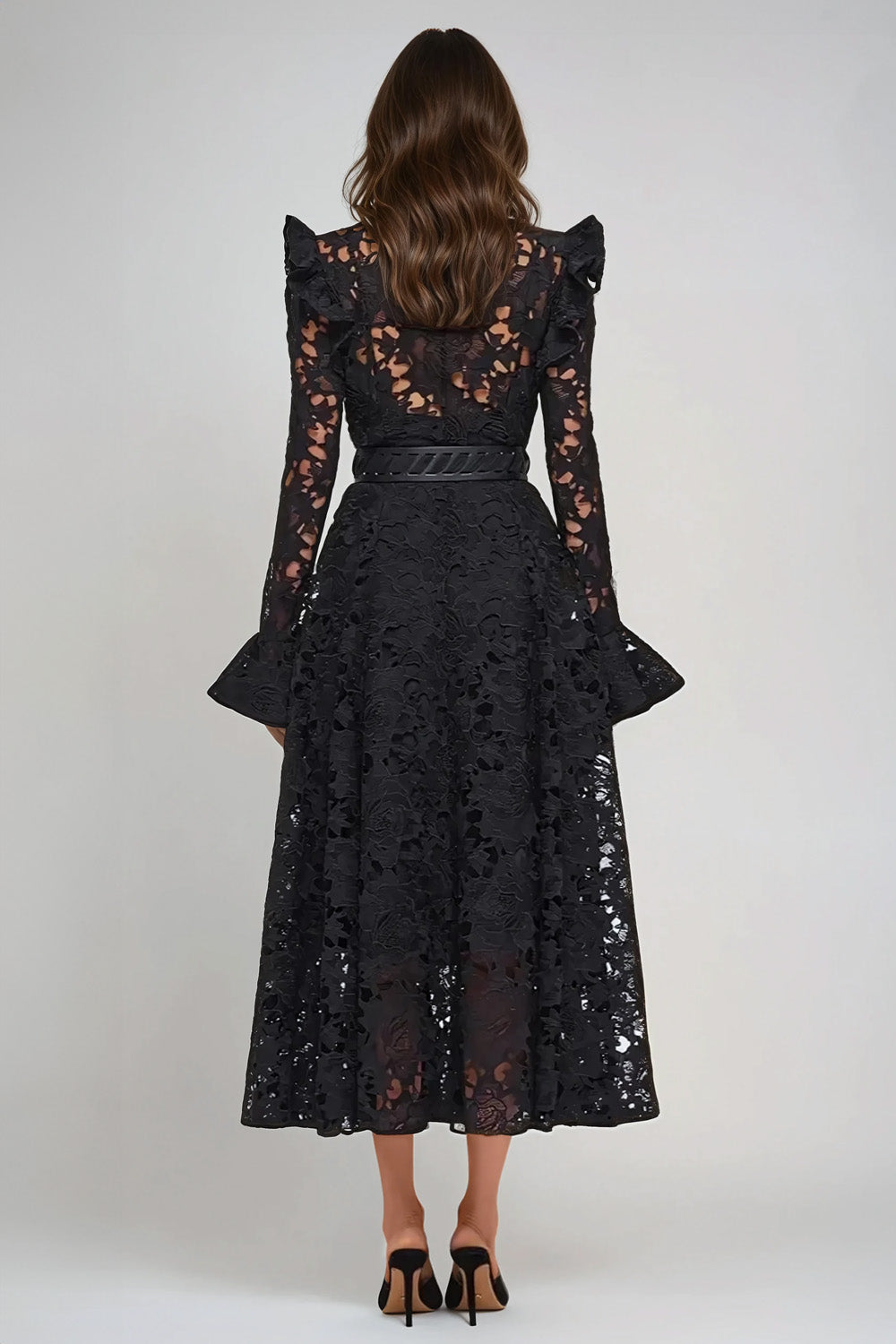 Lace Midi Dress with Button-Down Front and Belted Waist - Black