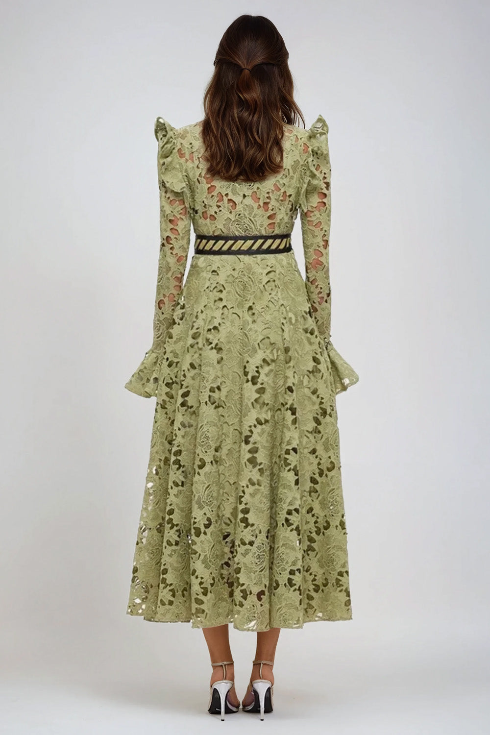 Lace Midi Dress with Button-Down Front and Belted Waist - Green