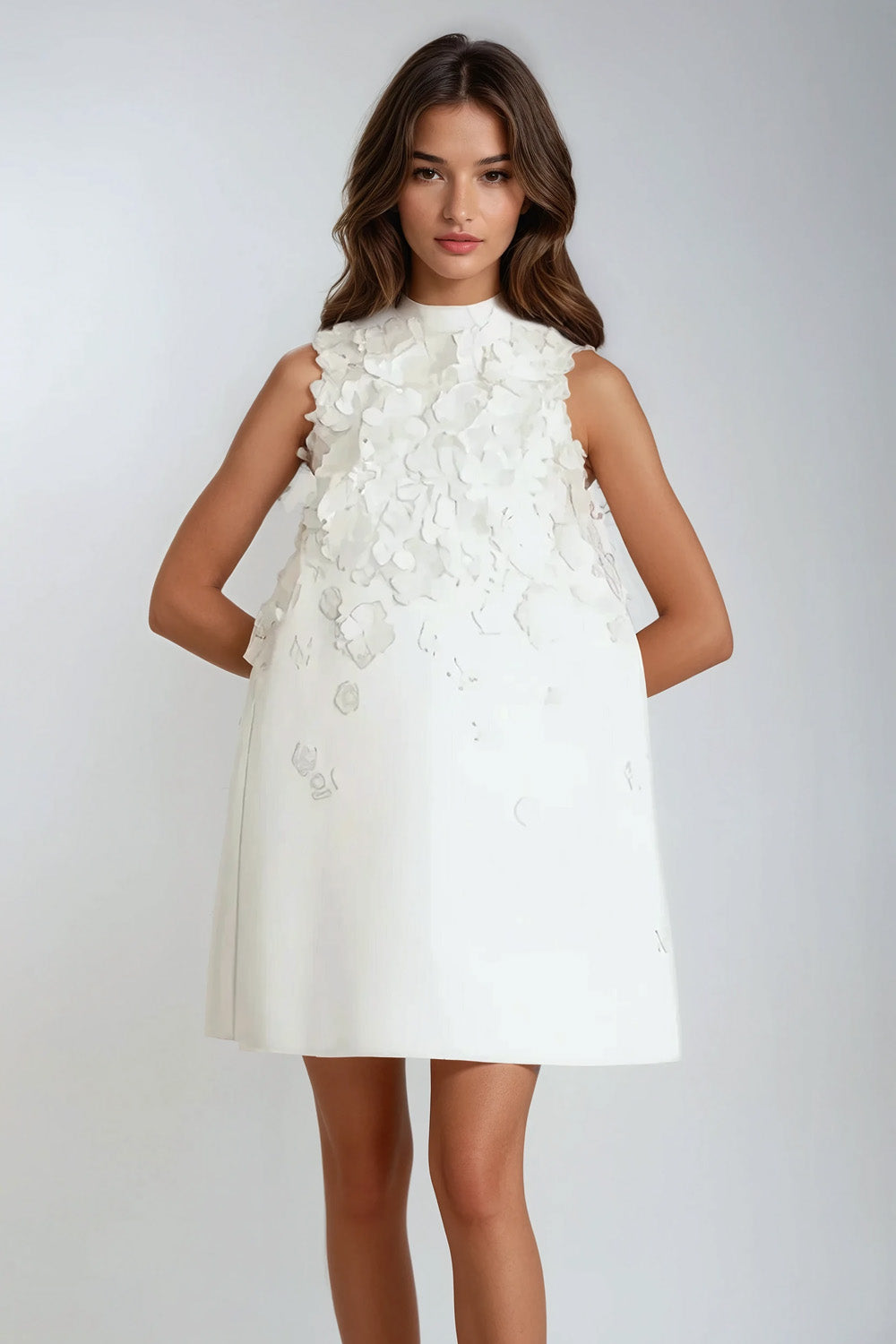 Mini Dress with Floral Embellishments - White