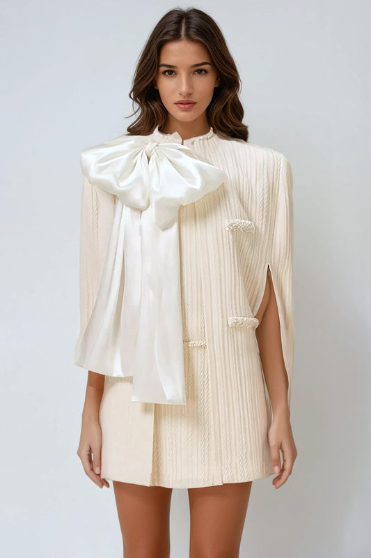 Textured Blazer Cape and Dress Set - Ivory