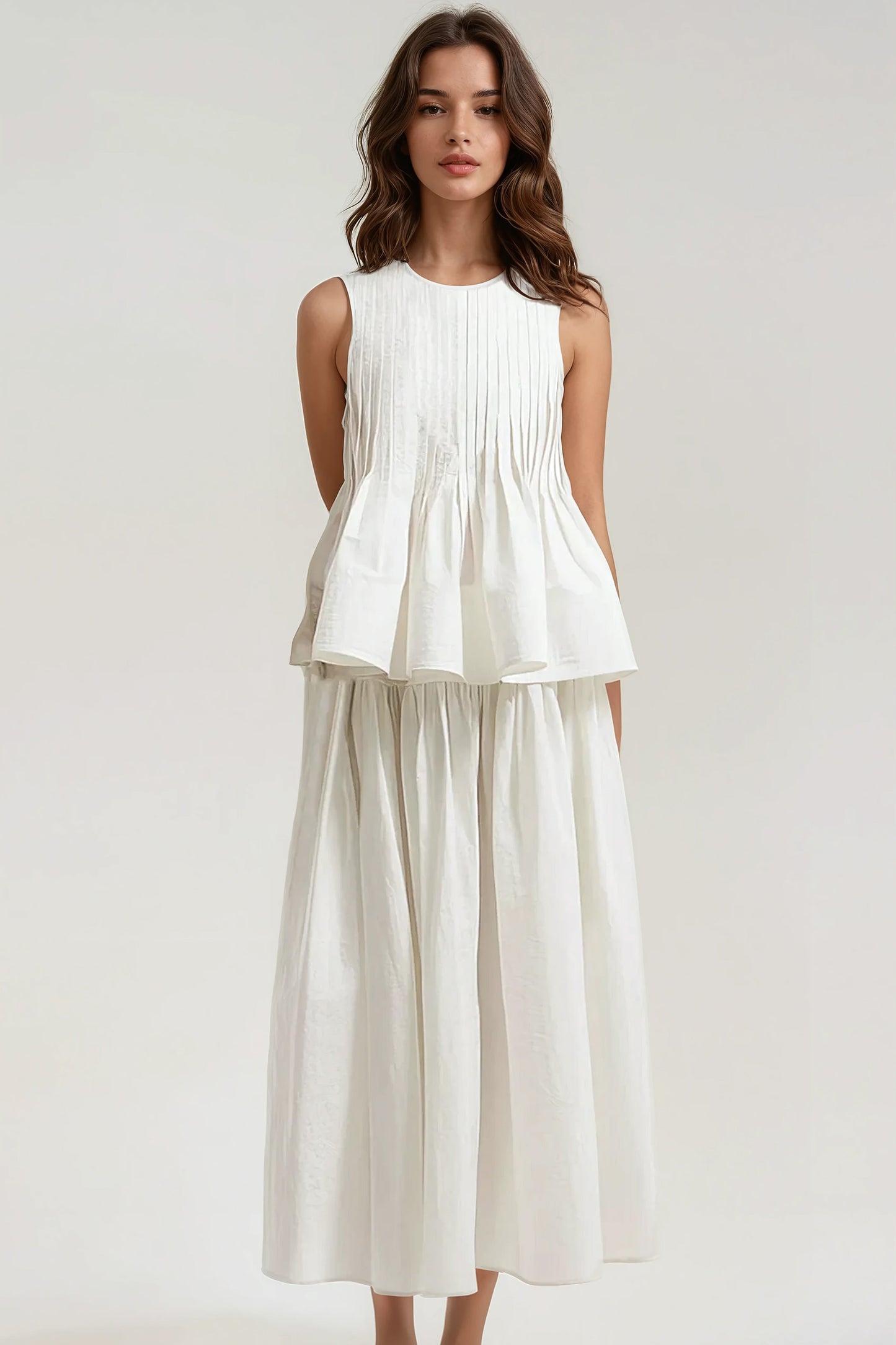 Pleated Top and Skirt Co-Ord Set - White