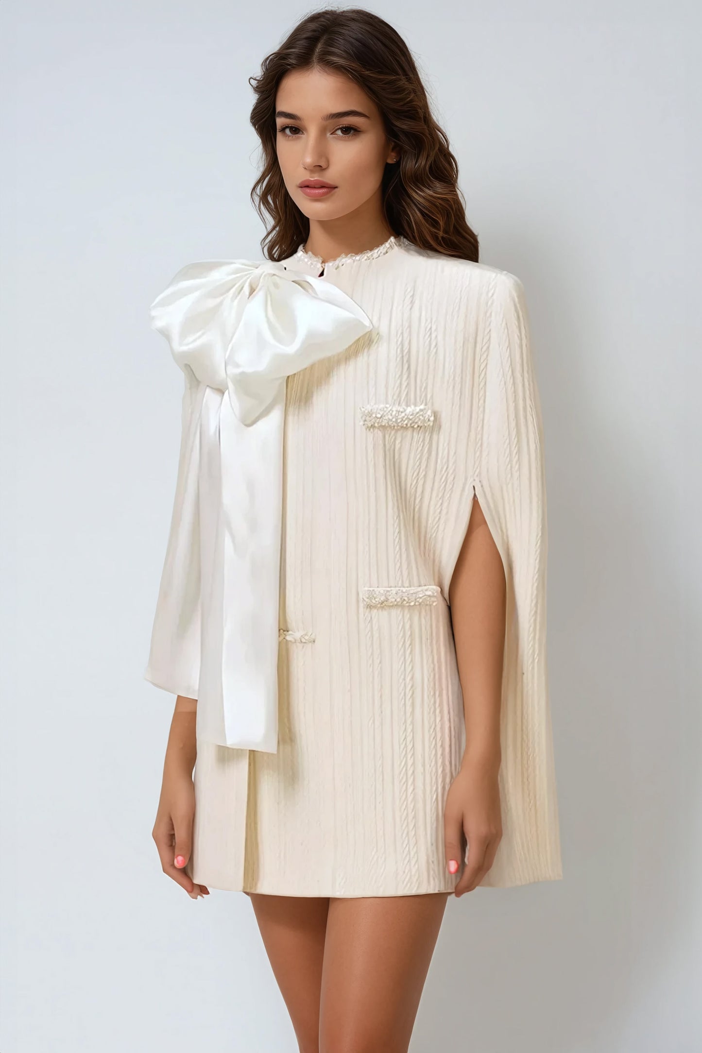 Textured Blazer Cape and Dress Set - Ivory