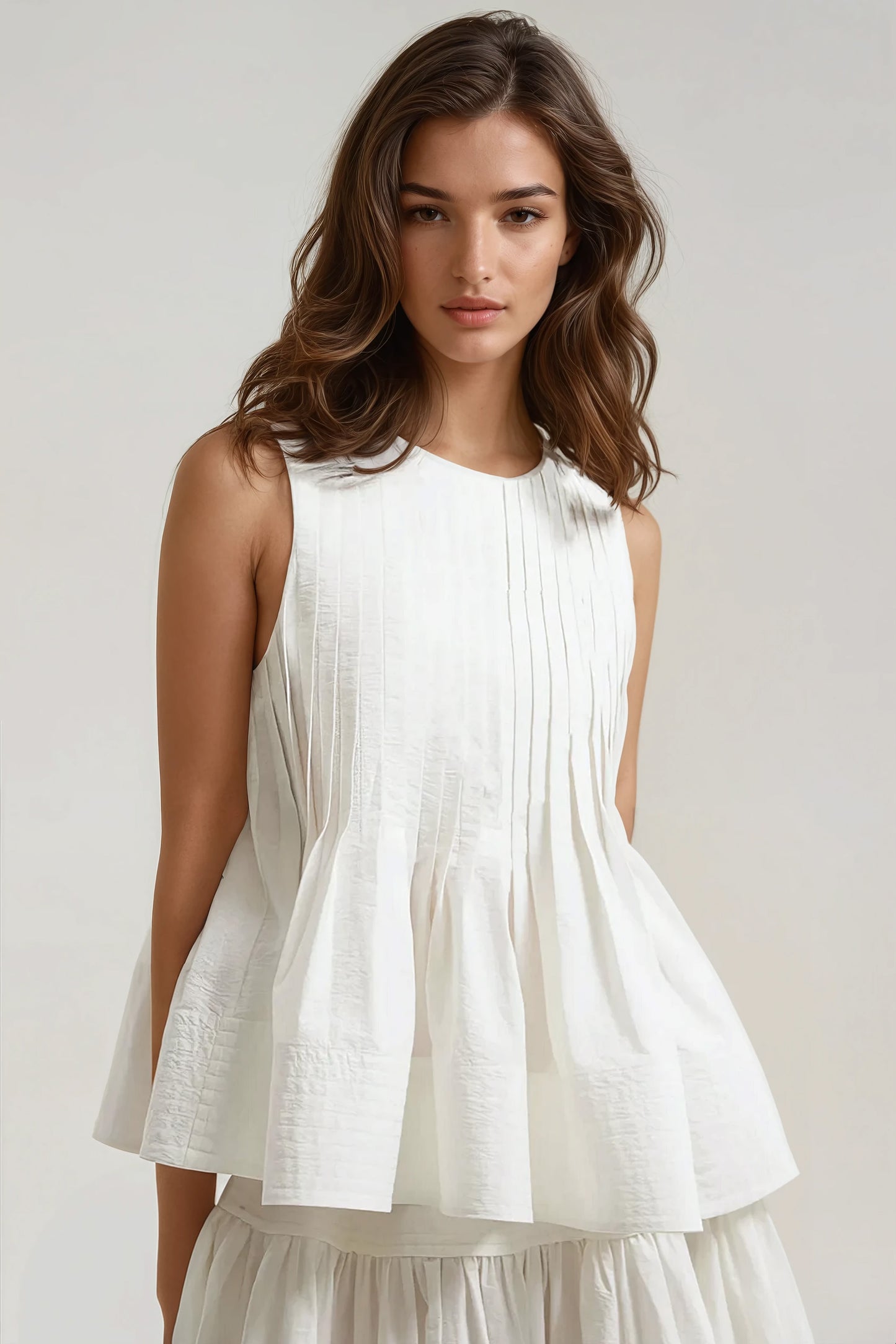 Pleated Top and Skirt Co-Ord Set - White