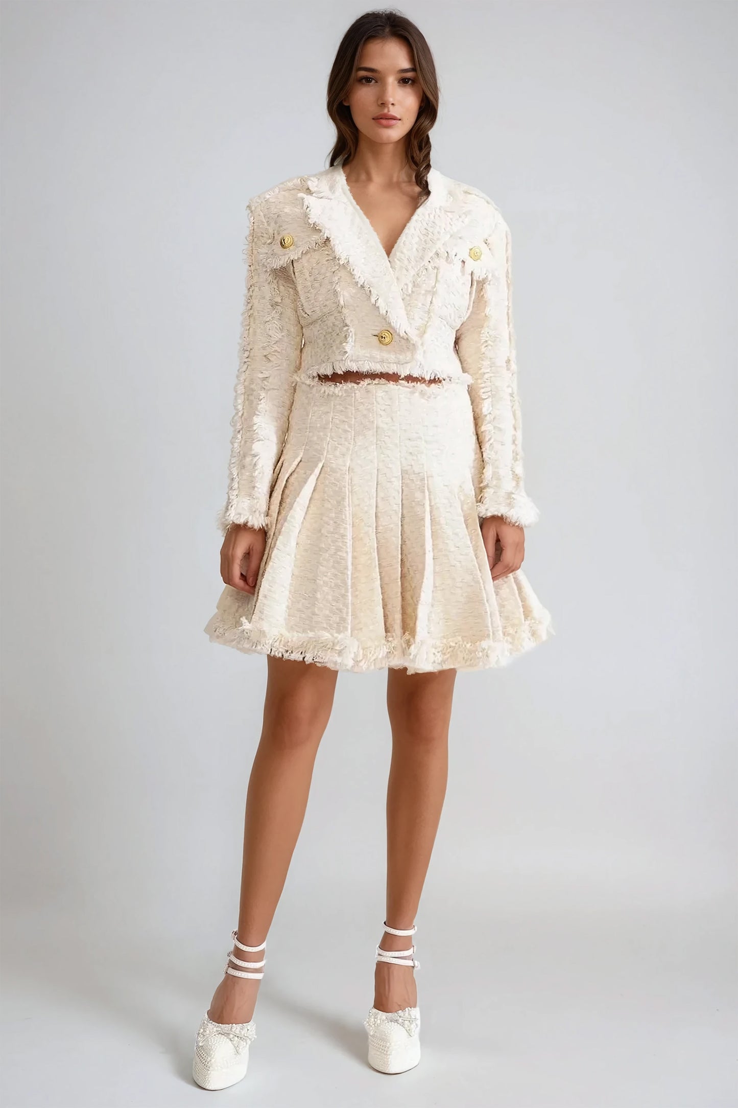 Textured Jacket and Pleated Skirt Set - Beige