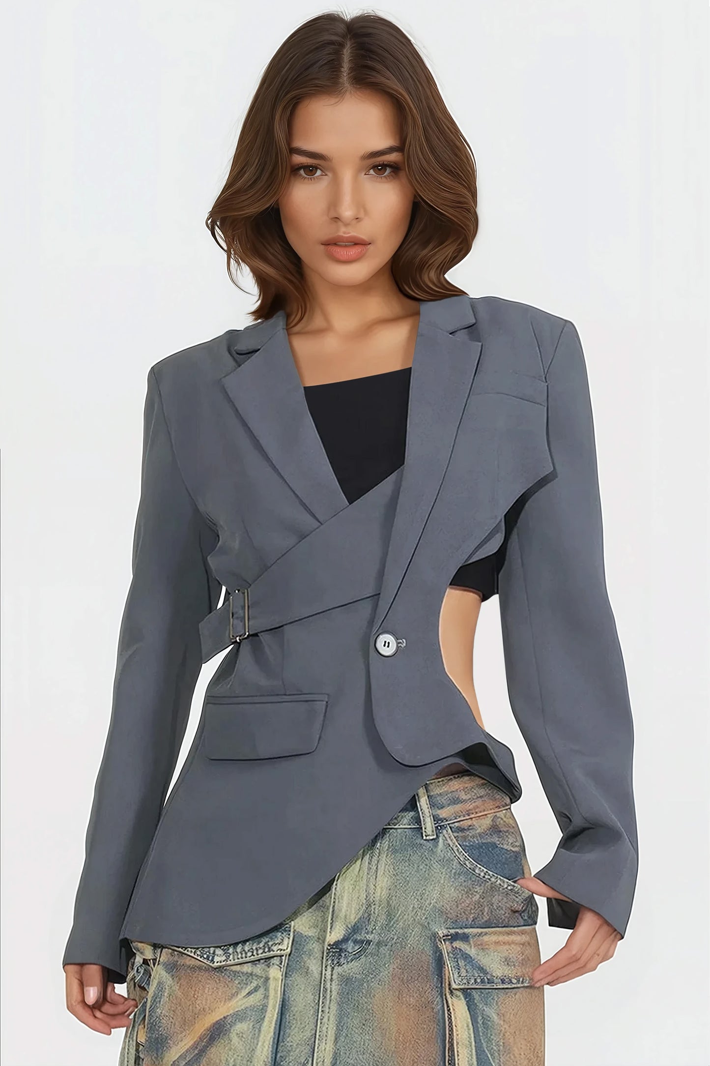 Asymmetric Blazer with Statement Cutouts - Gray