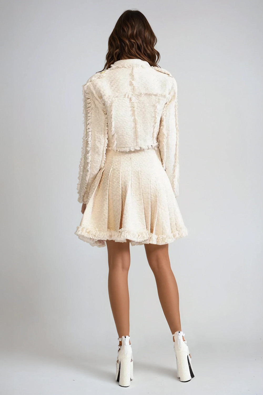 Textured Jacket and Pleated Skirt Set - Beige